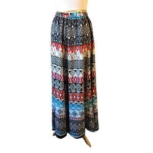 MAGIC Boho Maxi Skirt Sz M –Flowy Festival Vibes, Elastic Waist, Patchwork Print
